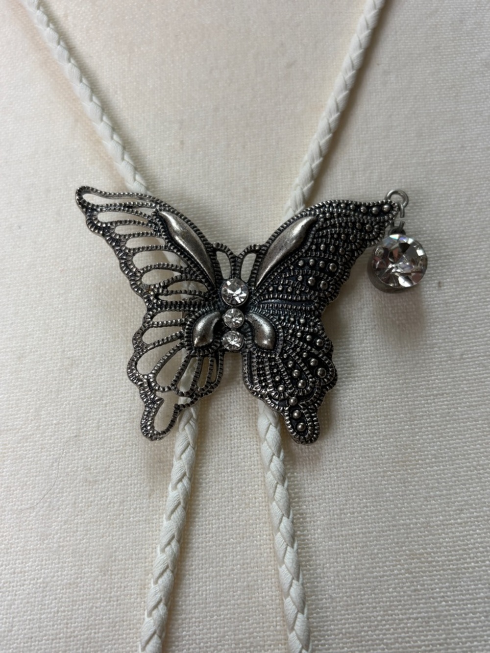 Handcrafted Butterfly Bolo Tie Necklace White Braided Cord - Picture 4 of 7